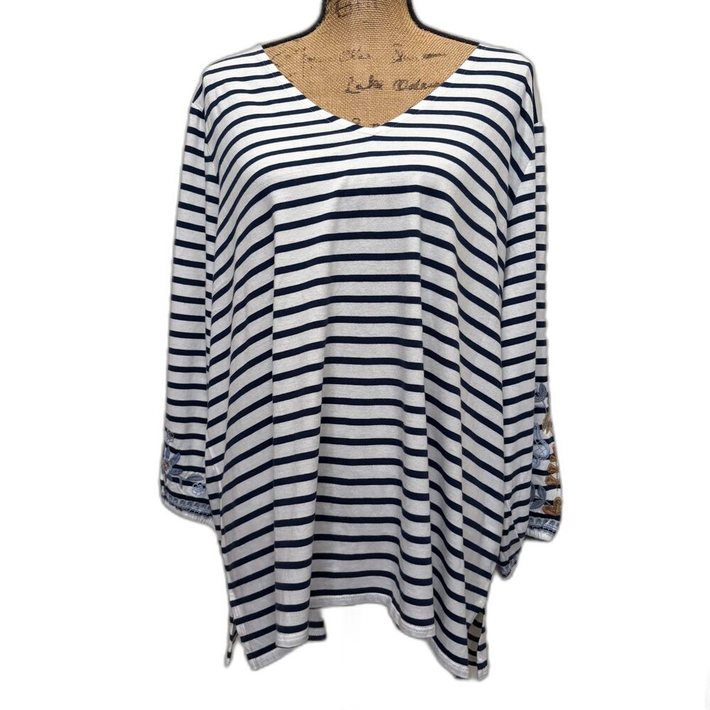 NWT J. Jill Blue Striped Embroidered Sleeve Top Nautical Coastal Grandma Size 2X